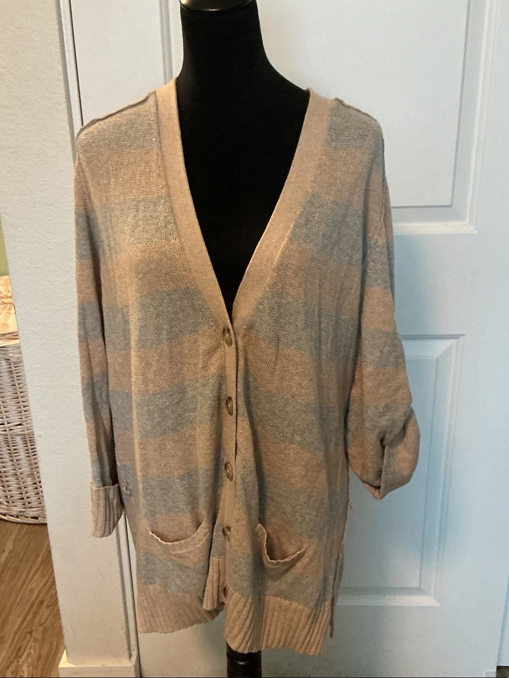 GAP Striped Beige and Gray Button-Front Cardigan XL